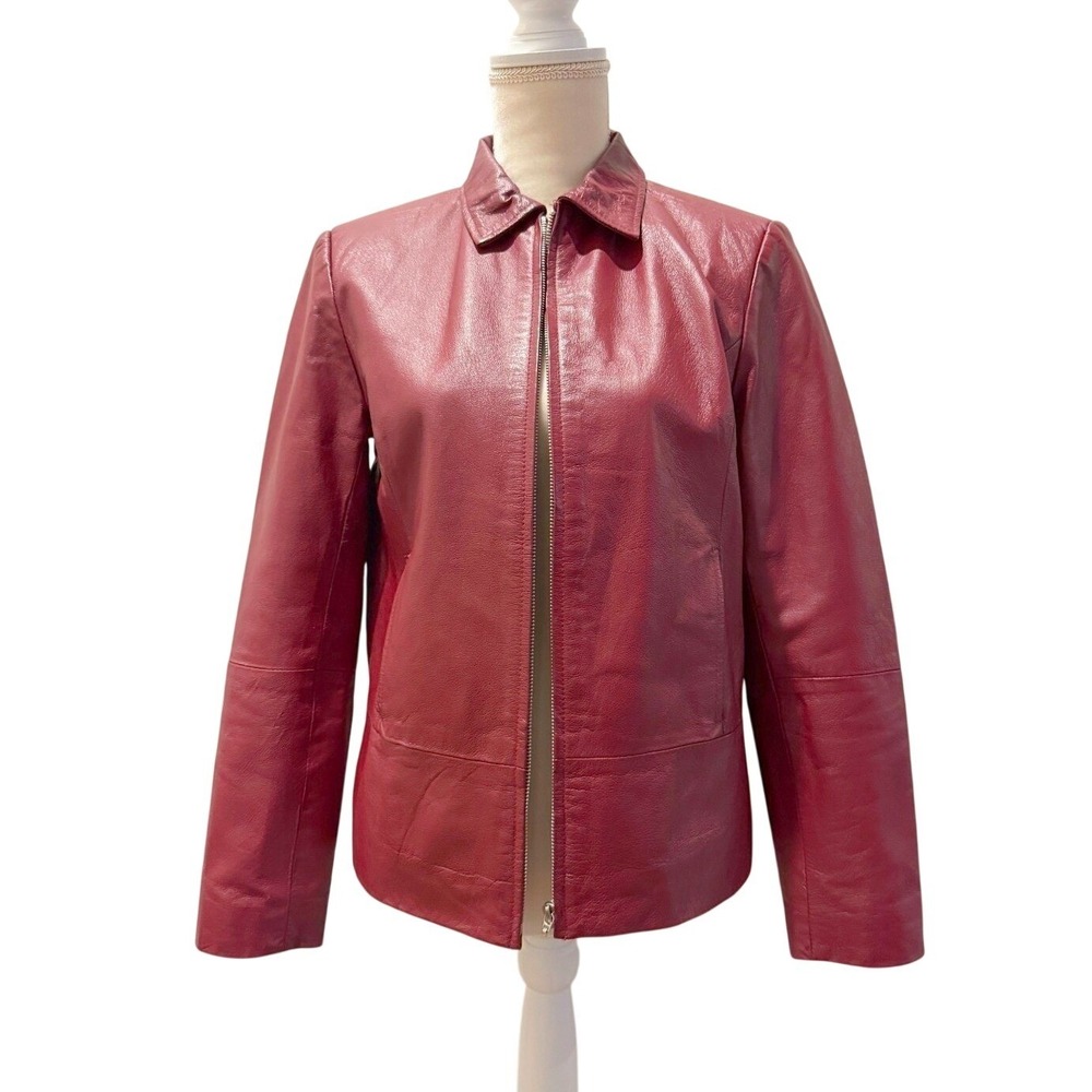 VTG Clio Womens Red Leather Jacket Zip Front Pockets 90s Minimalist Edgy S FLAW